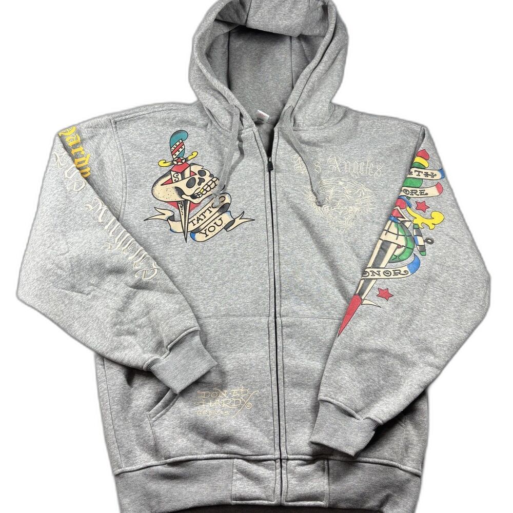 Ed Hardy Men Full Zip Hoodie Sweatshirt Vintage Tiger Embroidered Gray 2XL K119